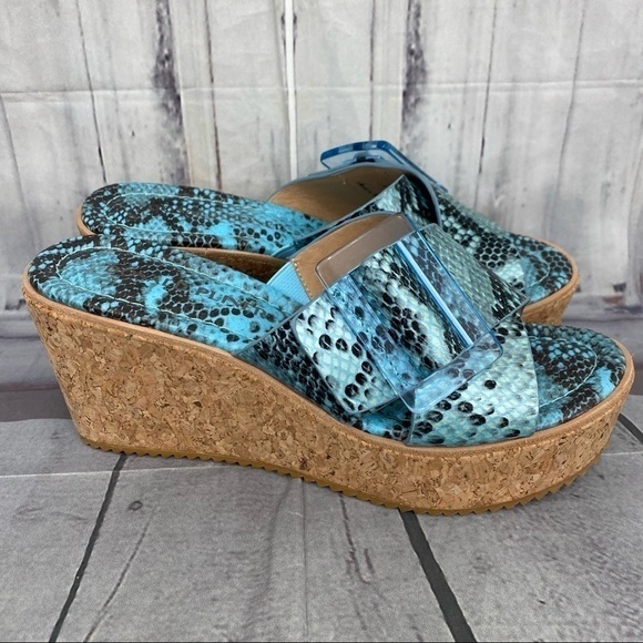 Donald Pliner Illiad Leather Snake Buckle Platform Cork Wedges Blue Black - Picture 4 of 13